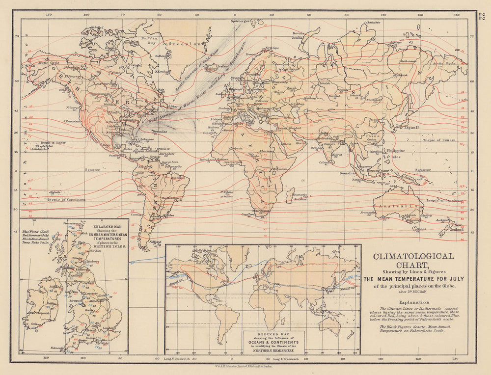 WORLD CLIMATE. July temperature. Summer/winter Europe. JOHNSTON 1901 old map