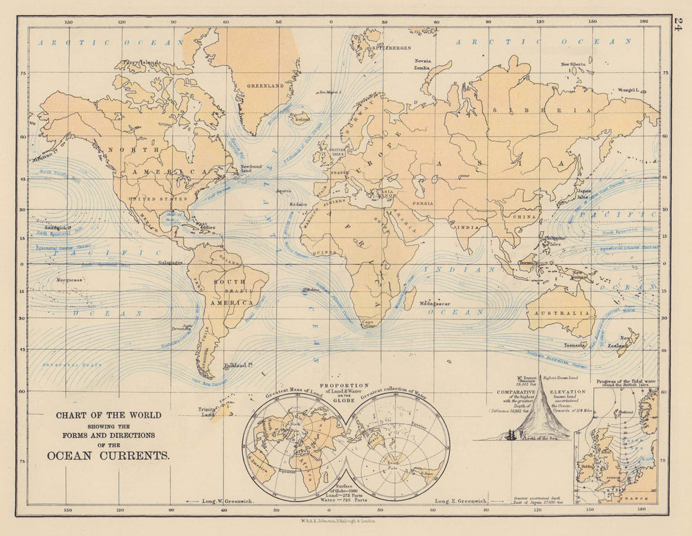 WORLD OCEAN CURRENTS. Shows progress of North Sea tidal wave. JOHNSTON 1901 map