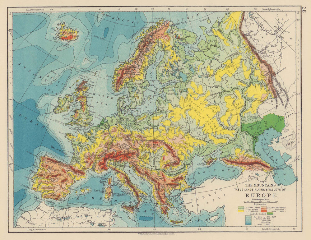 EUROPE RELIEF. Mountains Table lands Plains Valleys. JOHNSTON 1901 old map