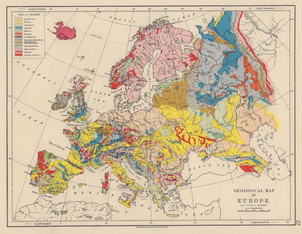 EUROPE GEOLOGICAL. Quaternary Tertiary Cretaceous Jurassic &c JOHNSTON 1901 map