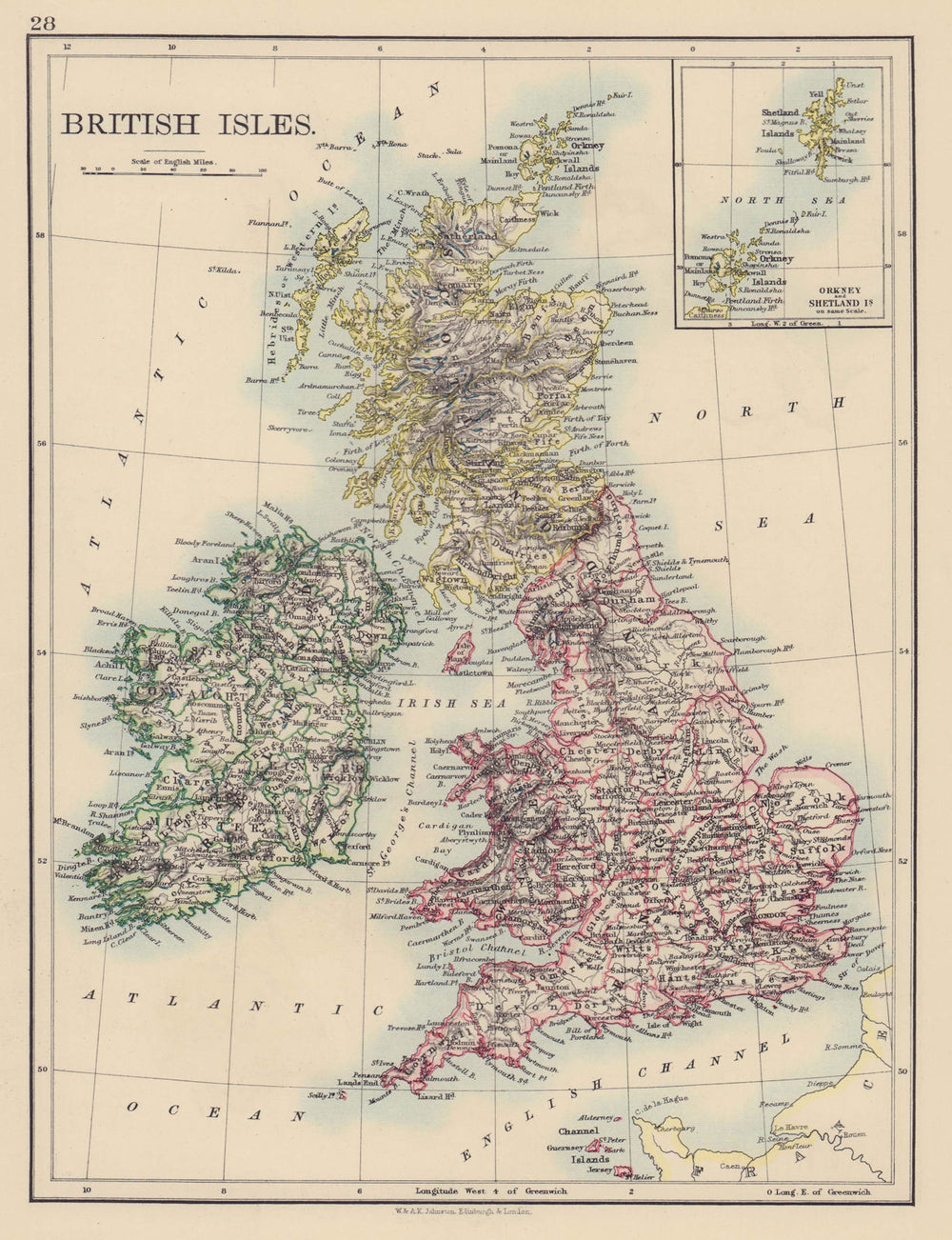 BRITISH ISLES. England Ireland Scotland Wales. Counties. JOHNSTON 1901 old map