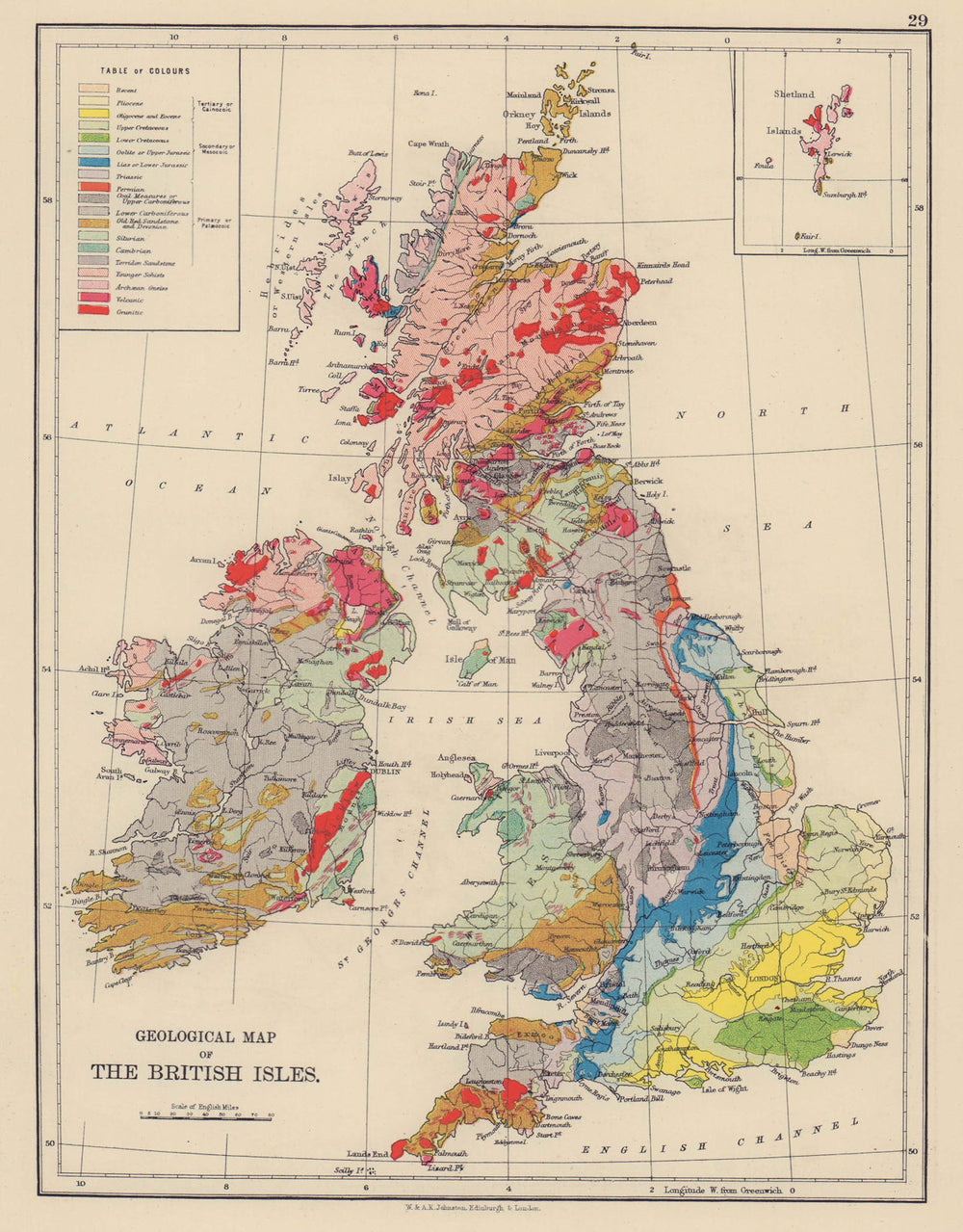 BRITISH ISLES GEOLOGICAL. Pliocene Cretaceous Jurassic Triassic &c 1901 map