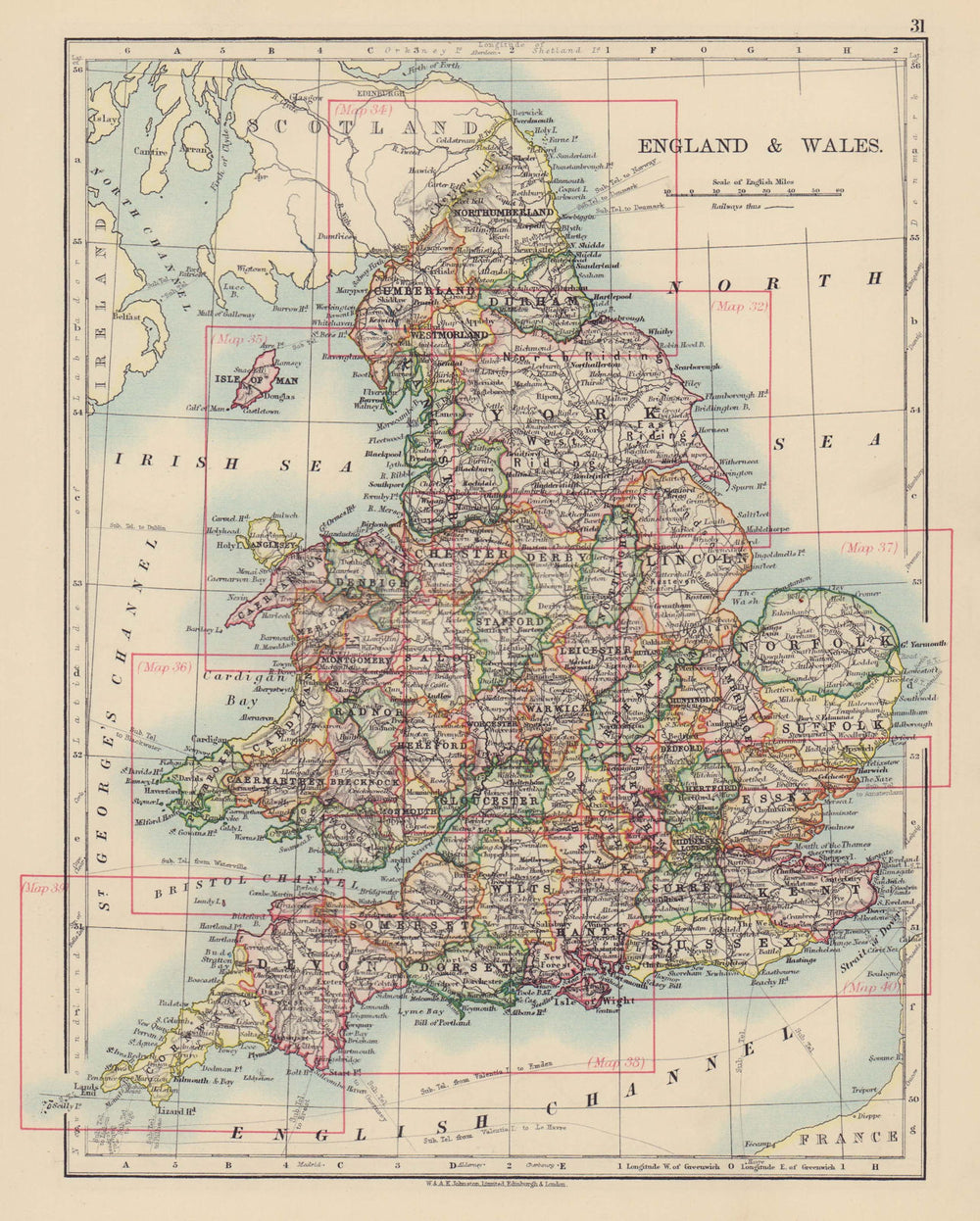 ENGLAND AND WALES. Counties. Westmorland. Telegraph cables. JOHNSTON 1901 map