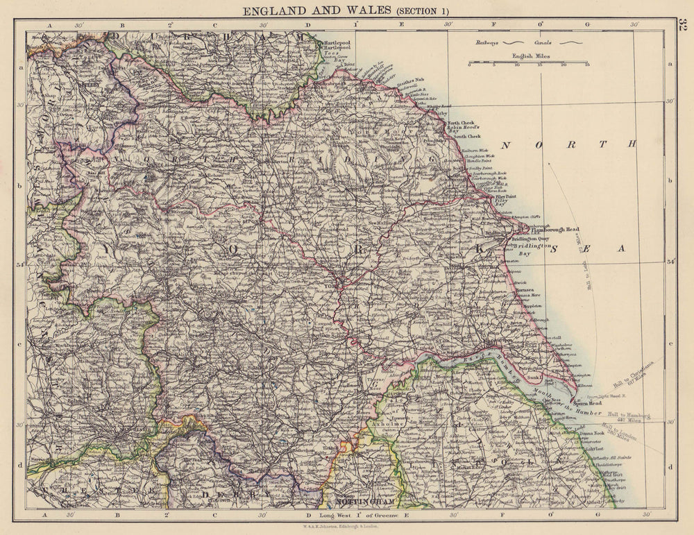 YORKSHIRE. North West England. Humber estuary. JOHNSTON 1901 old antique map