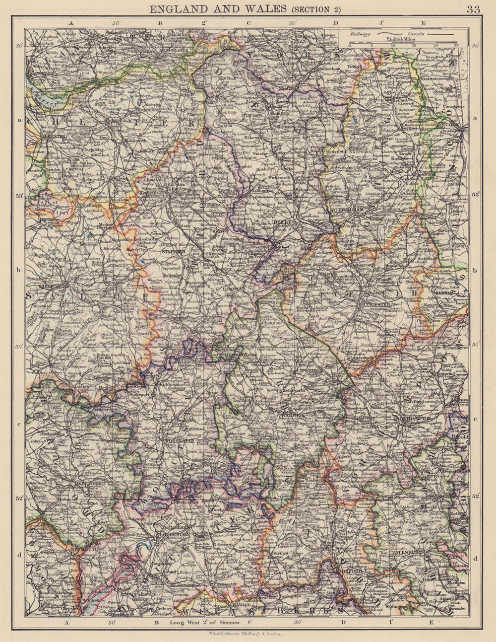 ENGLAND MIDLANDS. Warcs Worcs Leics Staffs Derbys Notts. JOHNSTON 1901 old map