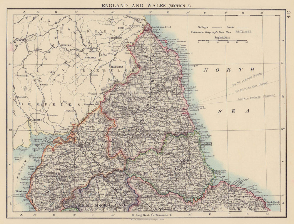 NORTHERN ENGLAND. Cumberland Northumberland Durham Westm. JOHNSTON 1901 map
