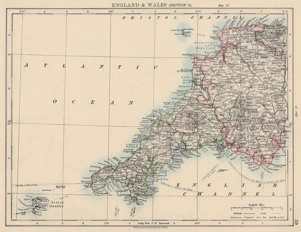 SOUTH WEST ENGLAND. Devon Cornwall Scilly Isles. JOHNSTON 1901 old antique map