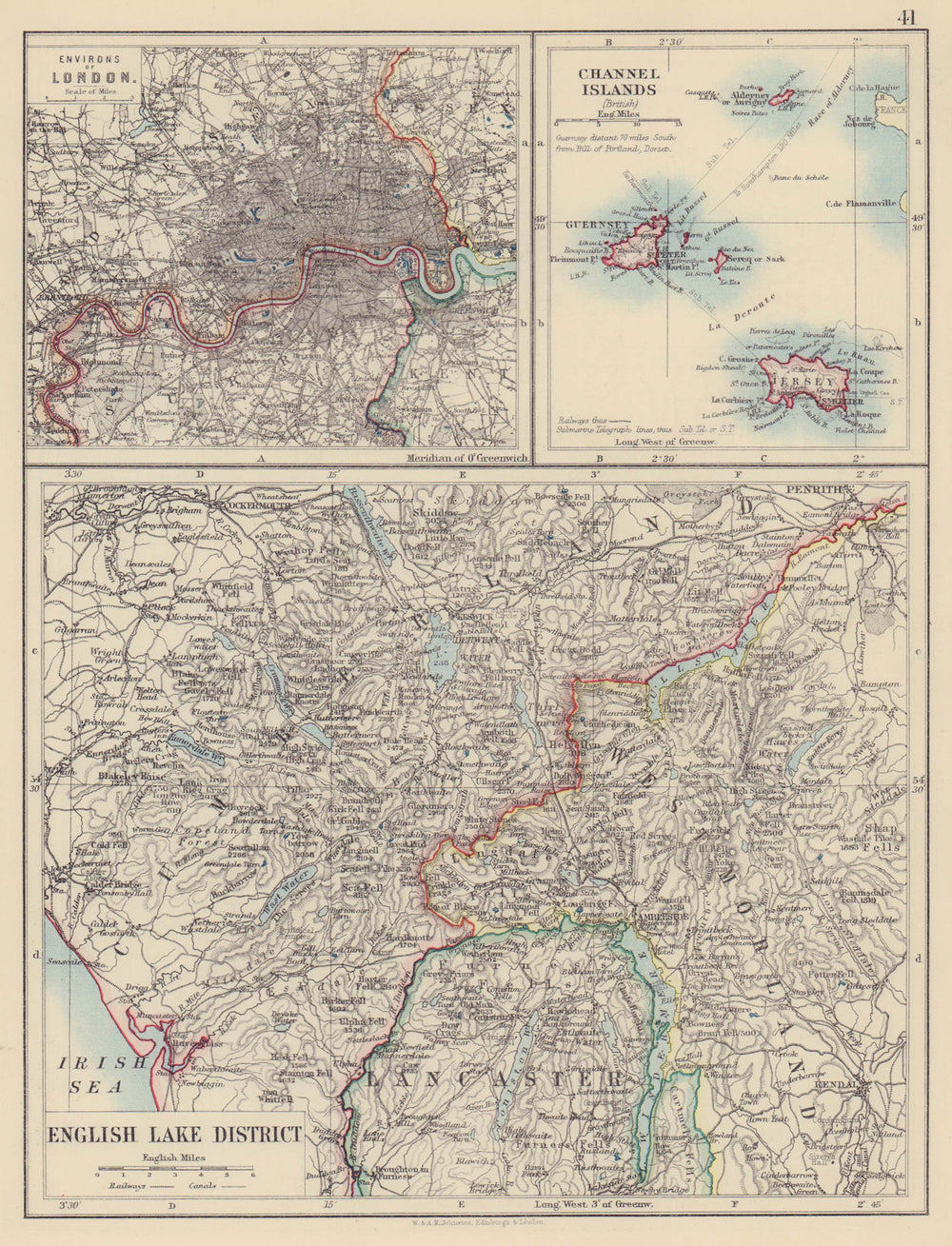 ENGLISH LAKE DISTRICT also London environs & Channel Islands. JOHNSTON 1901 map