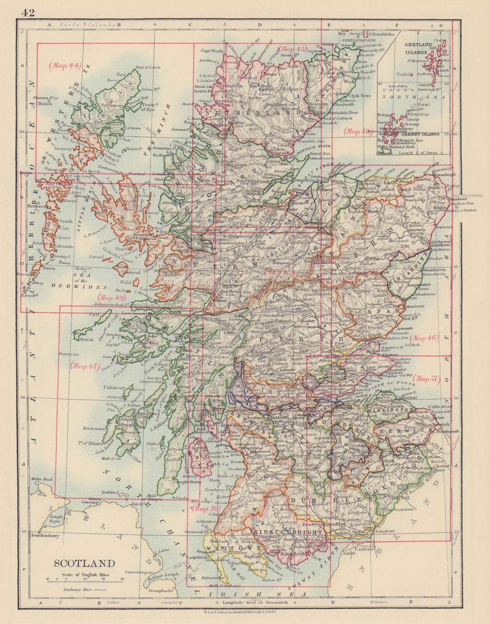 SCOTLAND. Counties. Undersea Telegraph cables. JOHNSTON 1901 old antique map