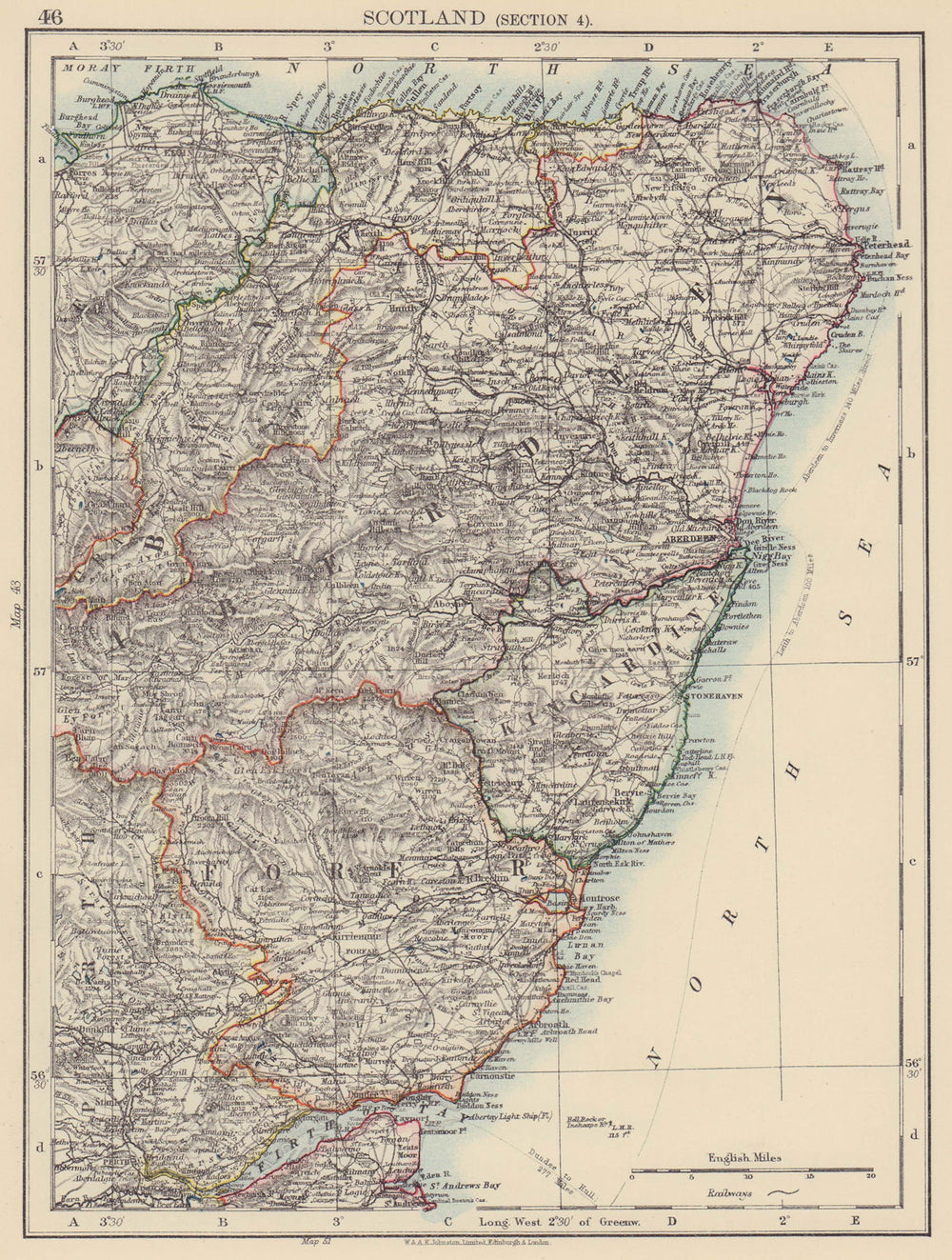SCOTLAND NE. Aberdeenshire Banff Forfar Kincardine Elgin. JOHNSTON 1901 map