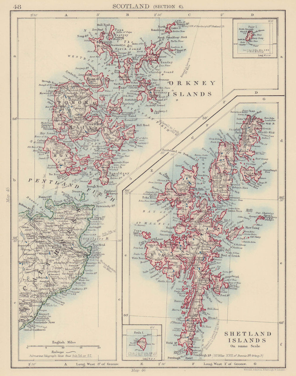 SCOTLAND. Orkney & Shetland Islands Caithness Pentland Firth. JOHNSTON 1901 map