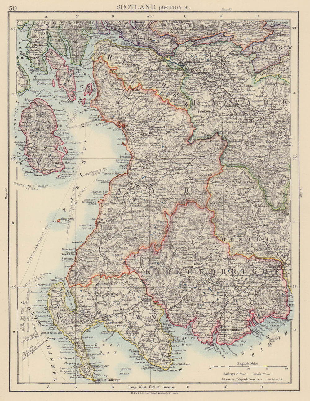 SCOTLAND SW Wigtown Kirkcudbright Ayr Firth Clyde Renfrew Bute JOHNSTON 1901 map