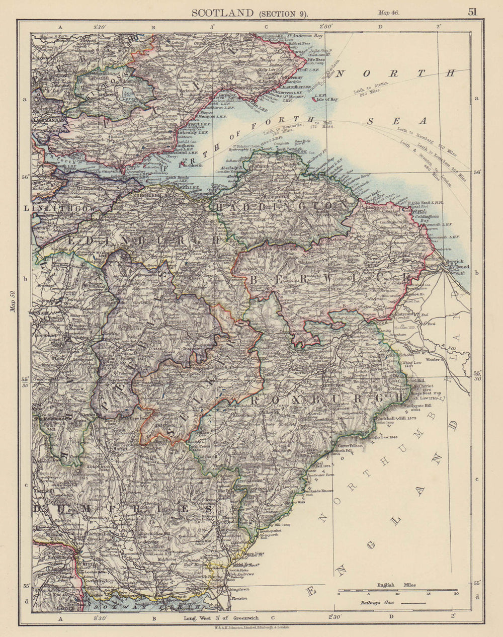 SCOTTISH BORDERS Roxburgh Berwick Edinburgh Selkirk Haddington JOHNSTON 1901 map