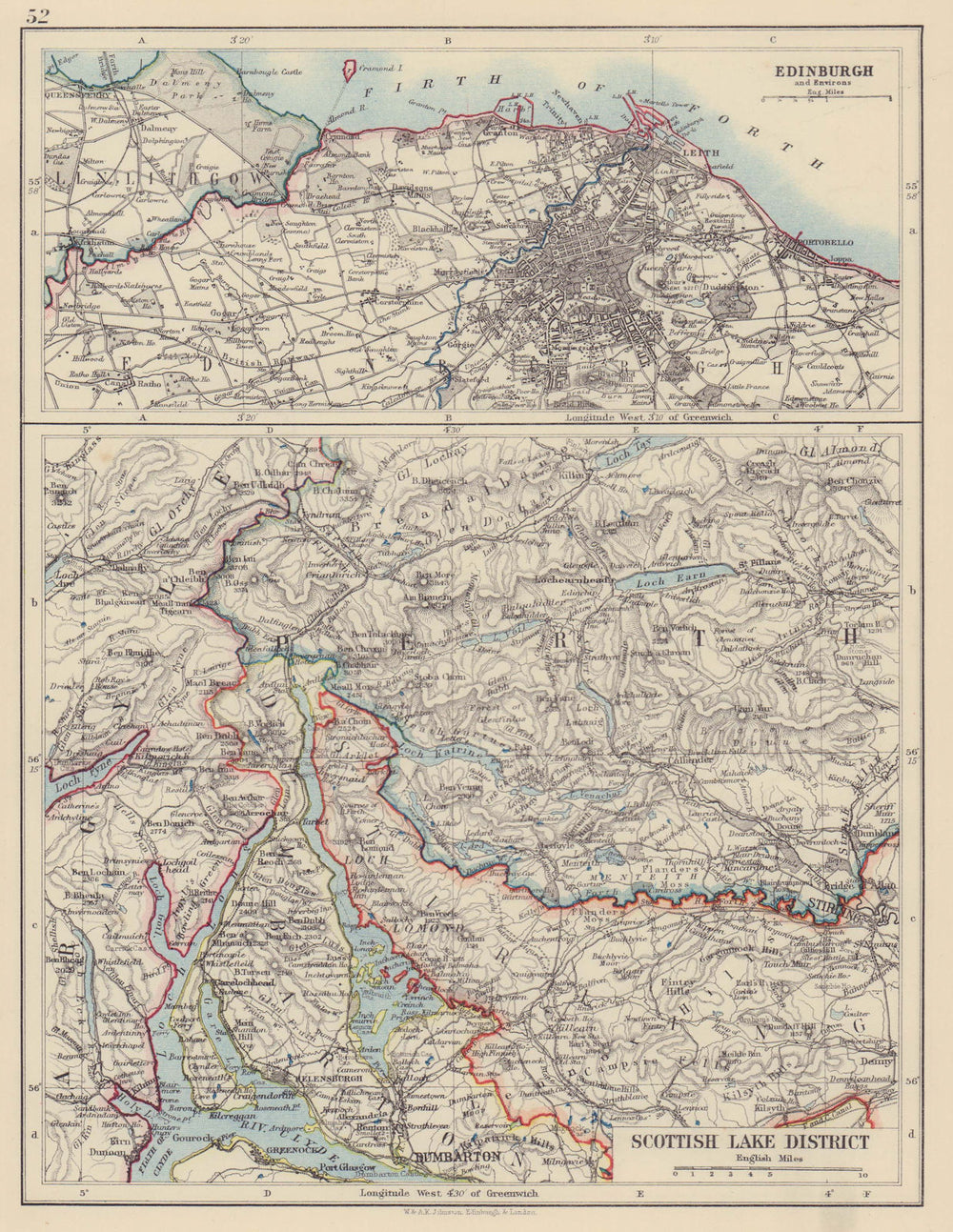 SCOTLAND. Loch Lomond & the Trossachs. Edinburgh environs. JOHNSTON 1901 map