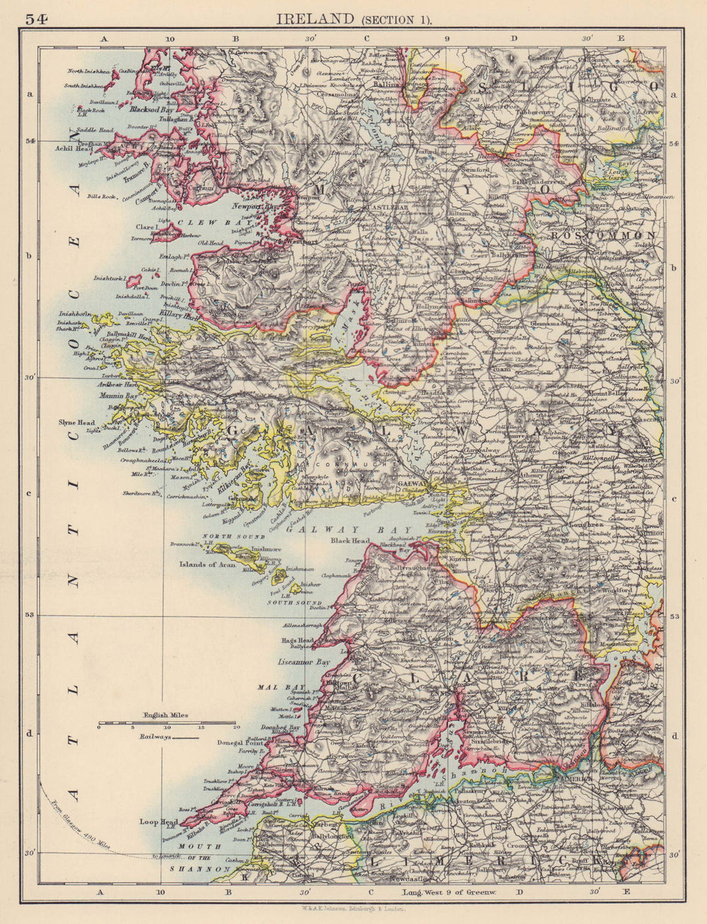 IRELAND WEST COAST. Galway Mayo Clare. River Shannon. JOHNSTON 1901 old map