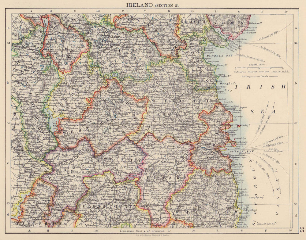 IRELAND EAST Dublin Meath Cavan Kildare Longford King's County JOHNSTON 1901 map