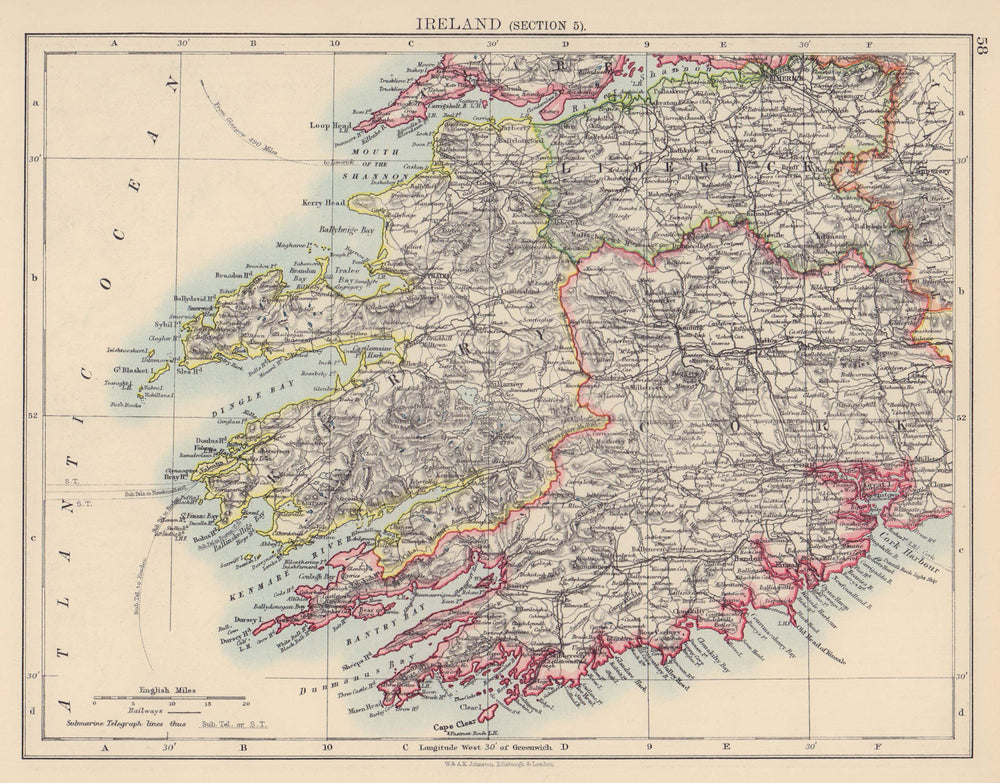 IRELAND SOUTH WEST. Kerry Cork Limerick Killarney. Munster. JOHNSTON 1901 map