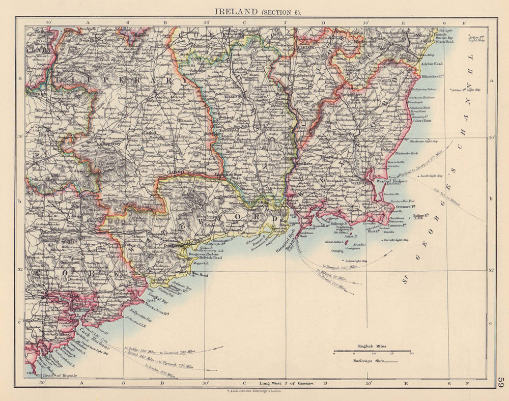 IRELAND SOUTH EAST. Wexford Waterford Kilkenny Tipperary. JOHNSTON 1901 map