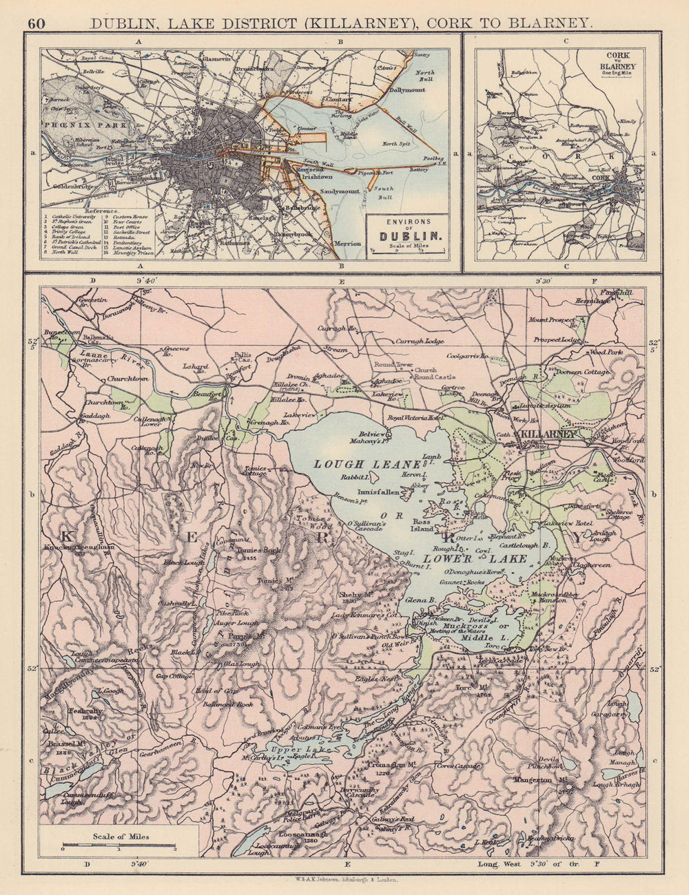 IRELAND. Dublin, Lake District (Killarney) Cork to Blarney. JOHNSTON 1901 map