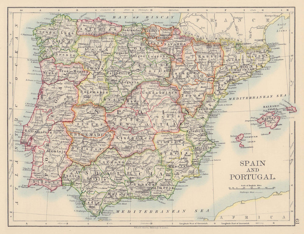 SPAIN AND PORTUGAL. Iberia. Provinces railways. Balearics. JOHNSTON 1901 map