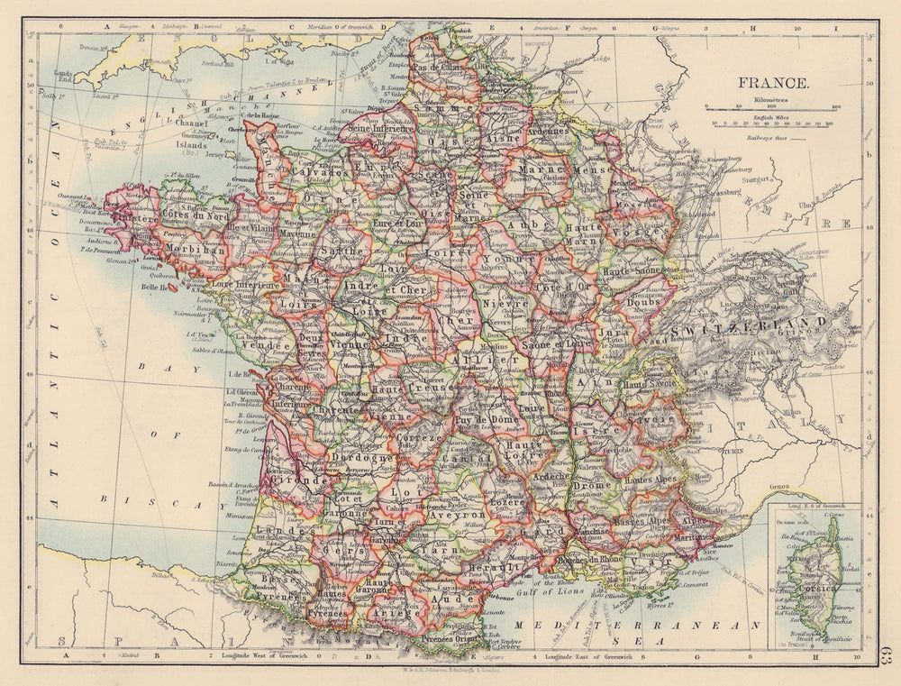 FRANCE. German Alsace & Lorraine. Undersea Telegraph cables. JOHNSTON 1901 map