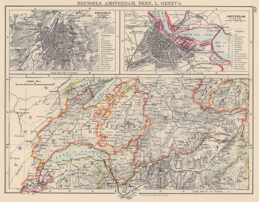 WESTERN SWIZERLAND BRUSSELS AMSTERDAM. Berne Vaud Geneva Fribourg 1901 old map