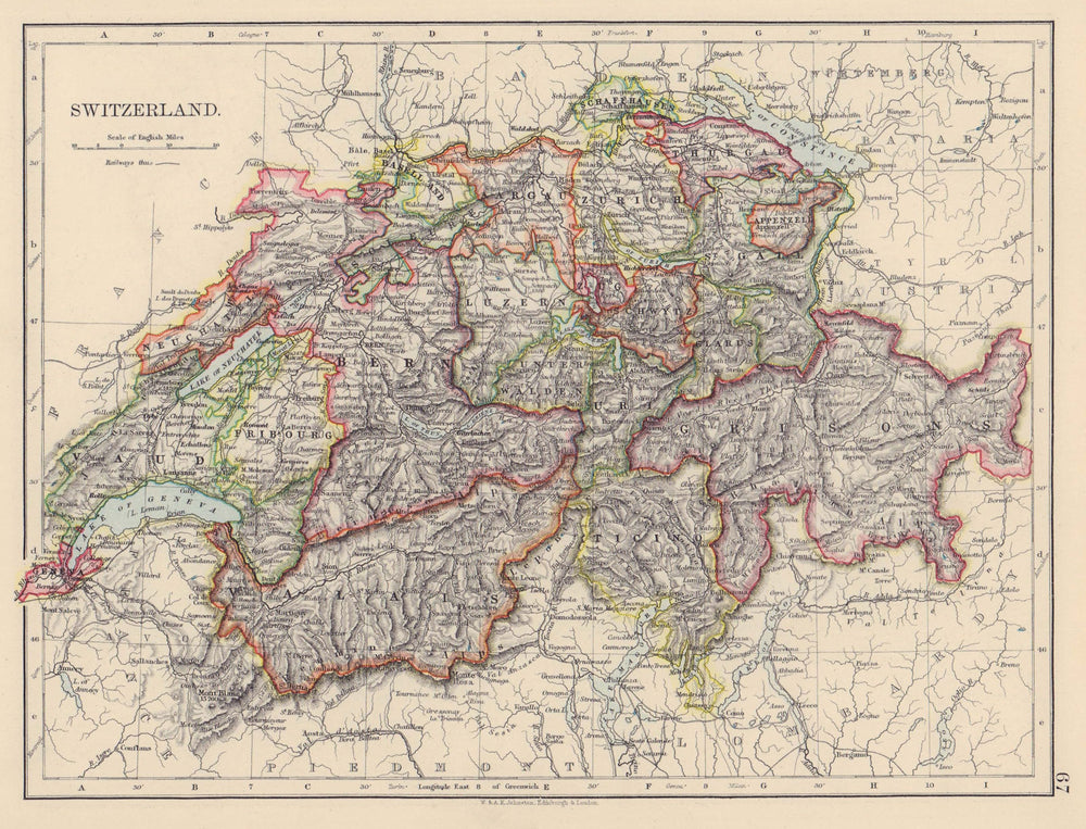 SWITZERLAND. Shows cantons & railways. Alps. Italian lakes.  1901 old map