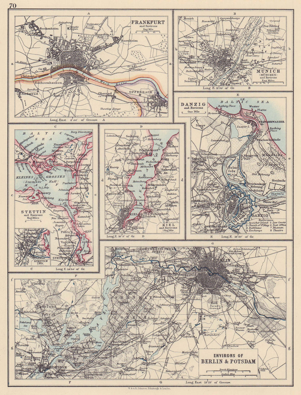 GERMAN/PRUSSIAN CITIES. Frankfurt Munich Szczecin Kiel Danzig Berlin 1901 map