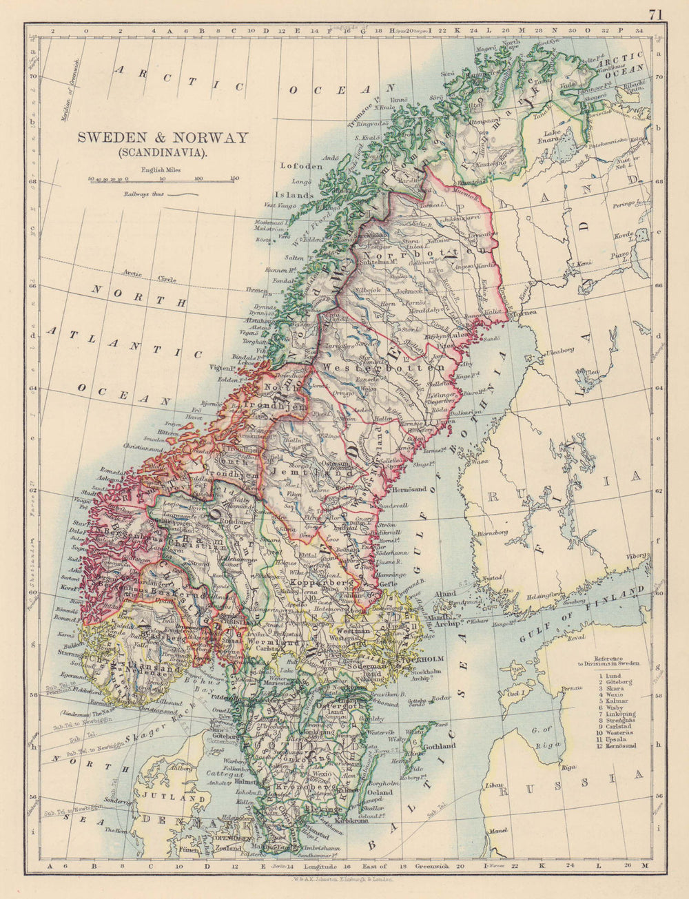SCANDINAVIA Sweden Norway. Railways Undersea Telegraph cables. JOHNSTON 1901 map