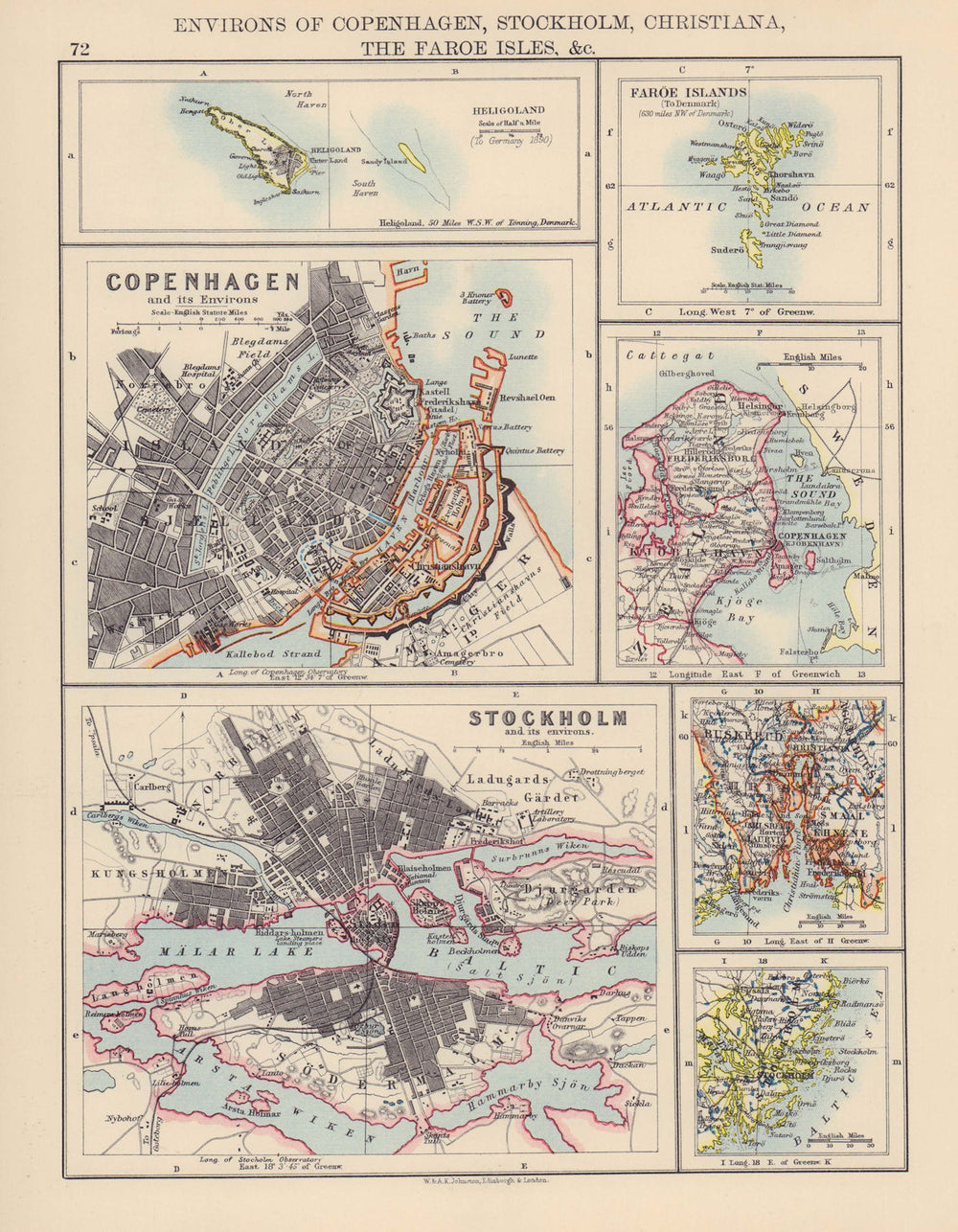 SCANDINAVIAN CITIES. Copenhagen Stockholm Christiania (Oslo) . JOHNSTON 1901 map