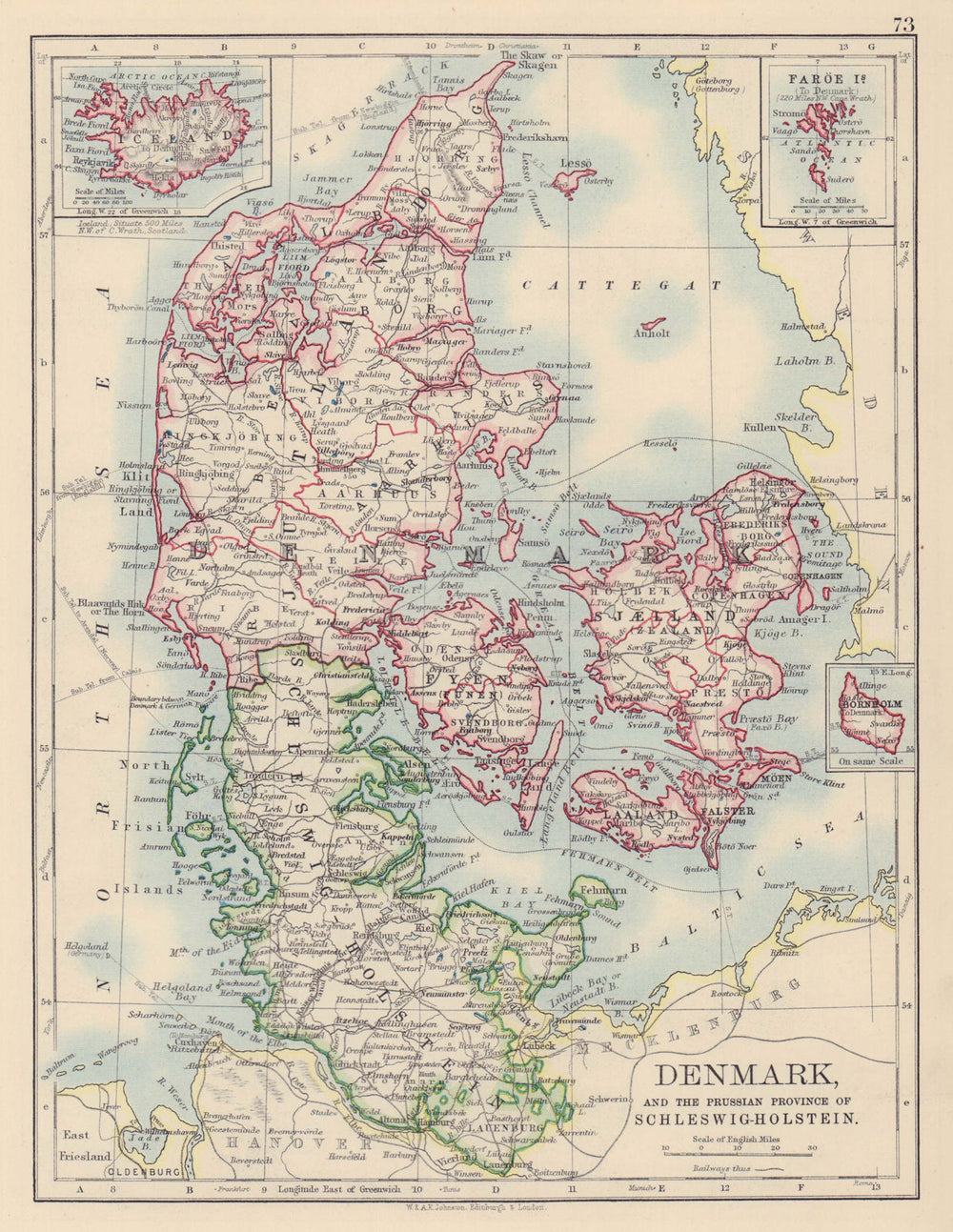 DENMARK SLESVIG-HOLSTEN. Prussian Schleswig-Holstein. JOHNSTON 1901 old map
