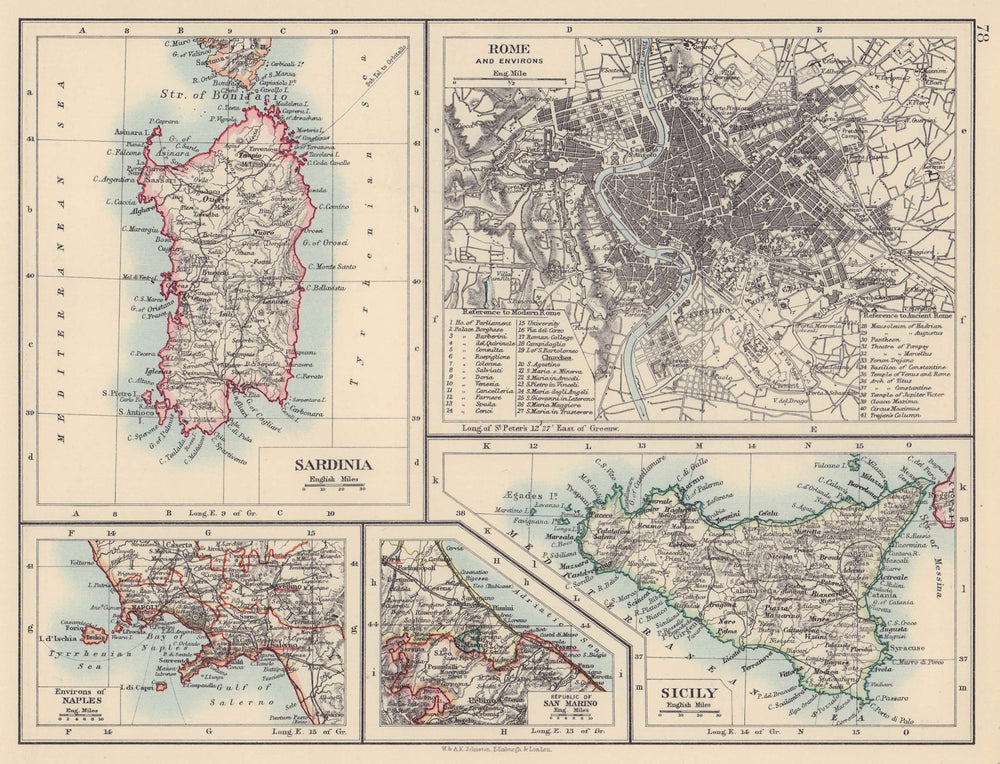 ITALY CITIES & ISLANDS Sardinia Rome Naples San Marino Sicily. JOHNSTON 1901 map