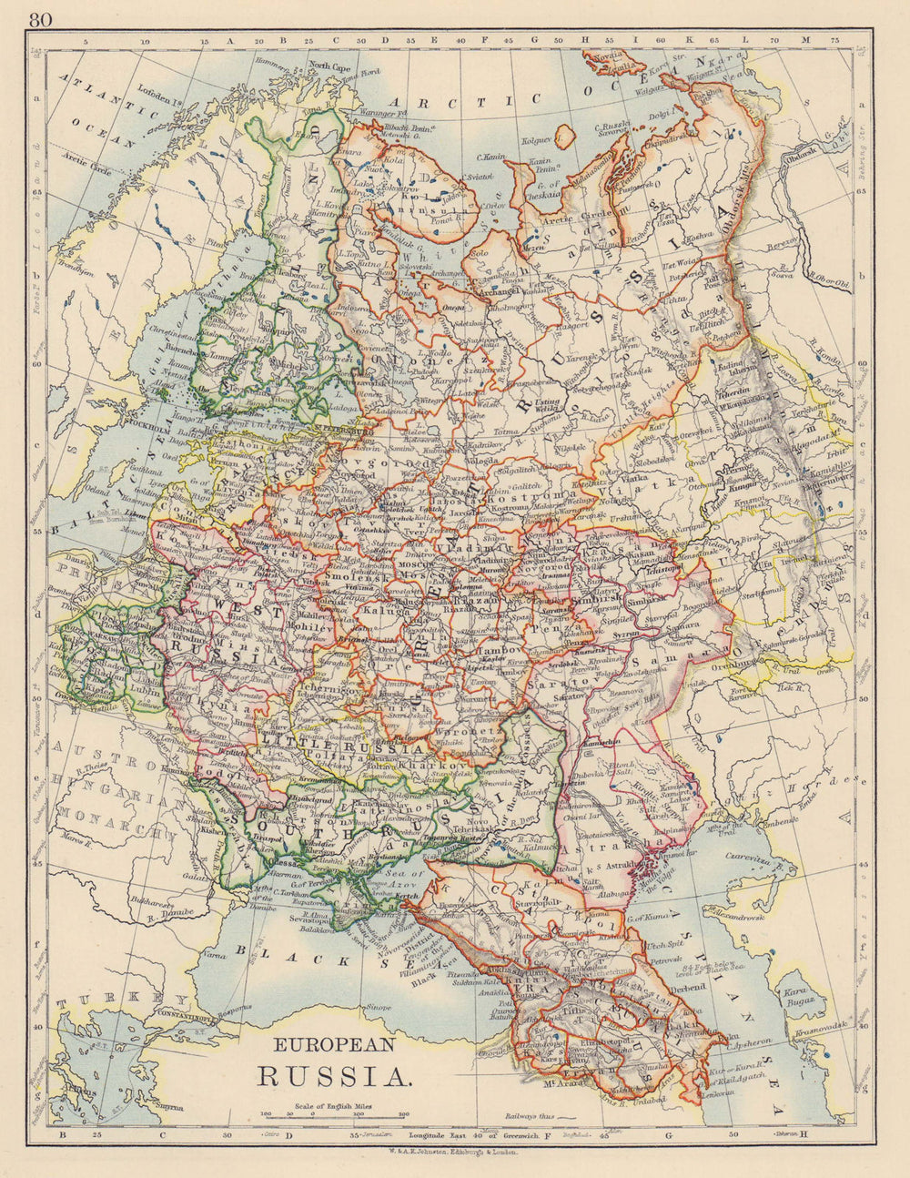 EUROPEAN RUSSIA. Shows Great/Little/West/South Russia. Poland. JOHNSTON 1901 map