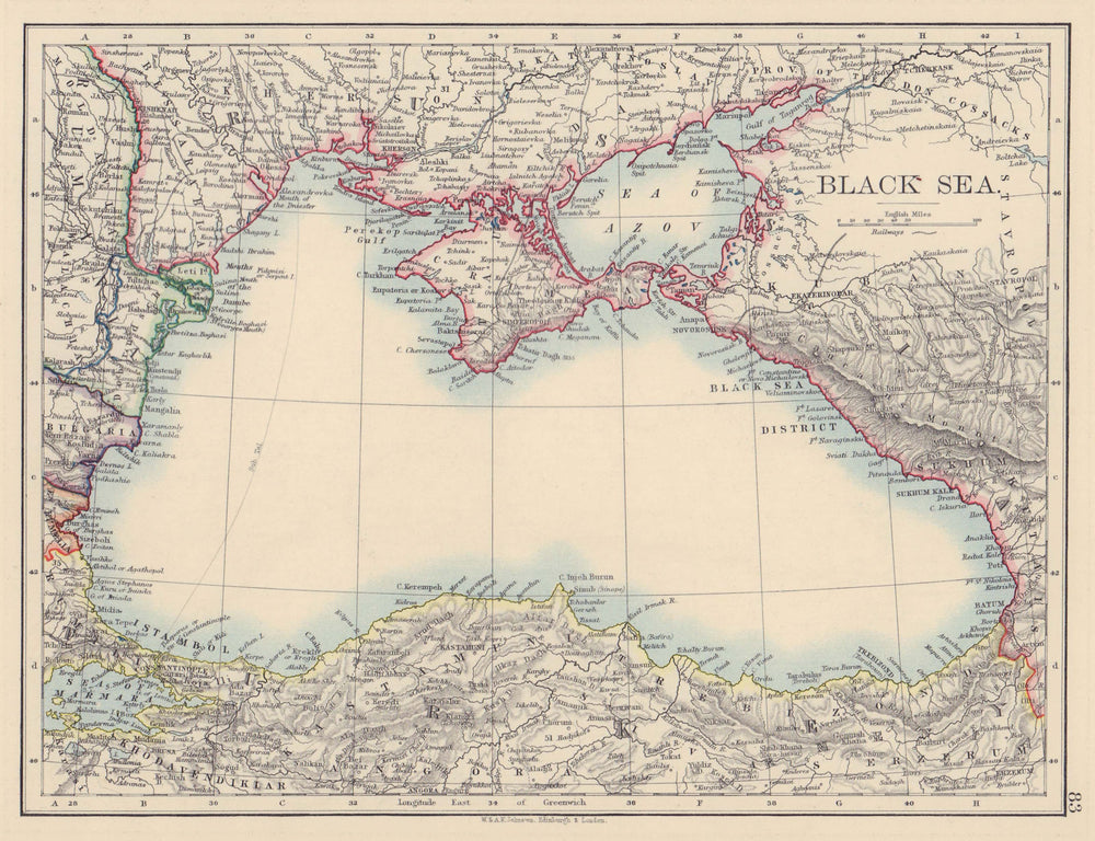 BLACK SEA. Russia Turkey Crimea Romania Bulgaria Kutais. JOHNSTON 1901 old map