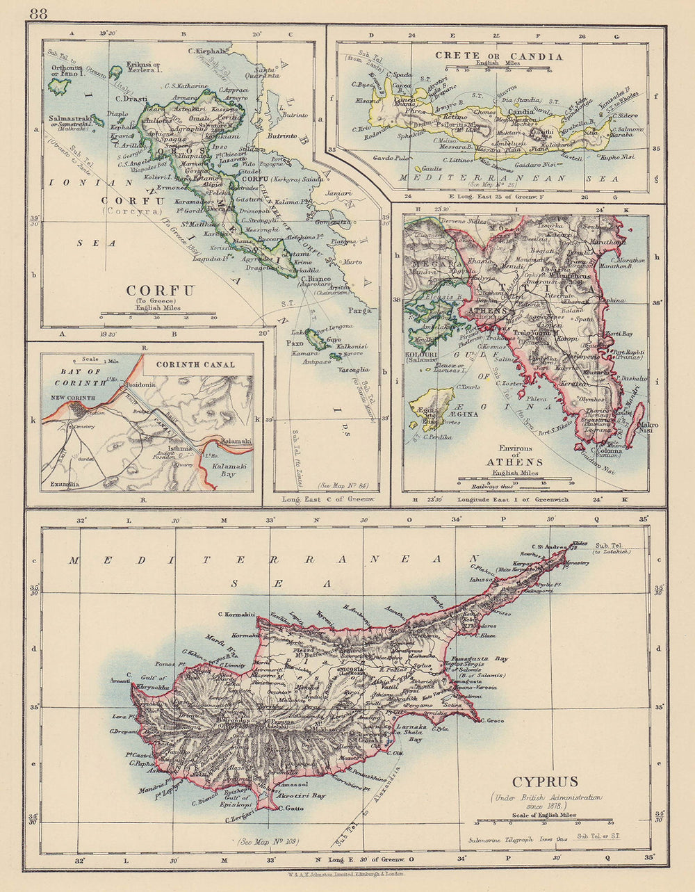 GREECE & CYPRUS. Corfu Crete Candia Athens Corinth Canal. JOHNSTON 1901 map