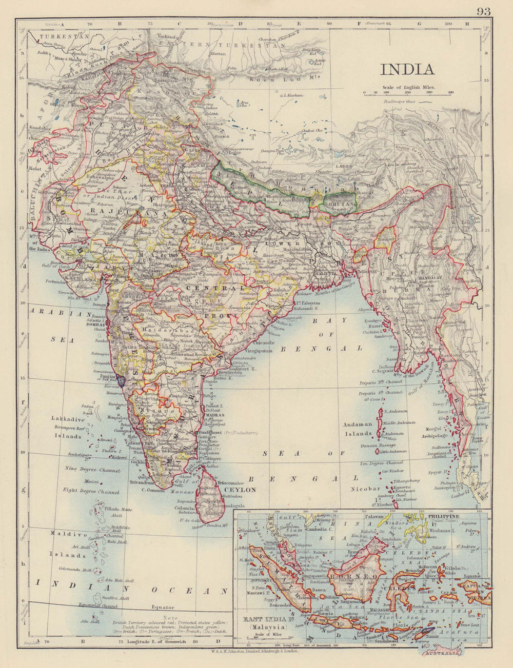 BRITISH INDIA. Burma Nepal Bhutan Ceylon(Sri Lanka). E Indies. JOHNSTON 1901 map