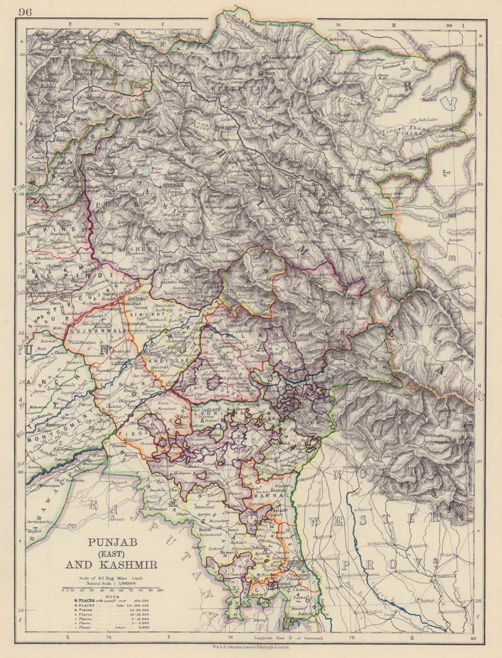 BRITISH INDIA NW. East Punjab Jammu & Kashmir. Delhi. Railways 1901 old map