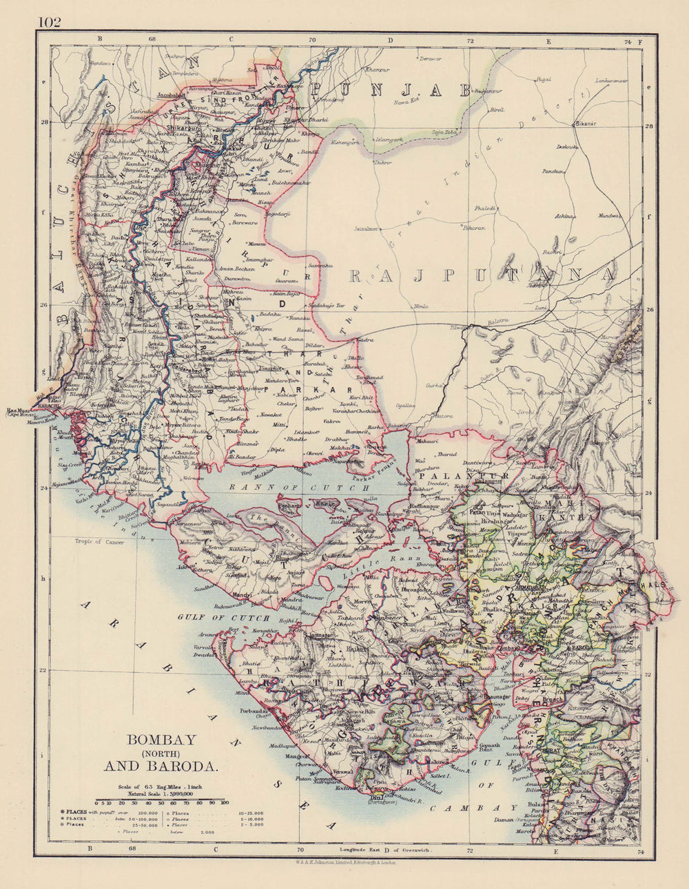 BRITISH INDIA NW Gurajat Sindh. Bombay Mumbai North. Vadodara. railways 1901 map