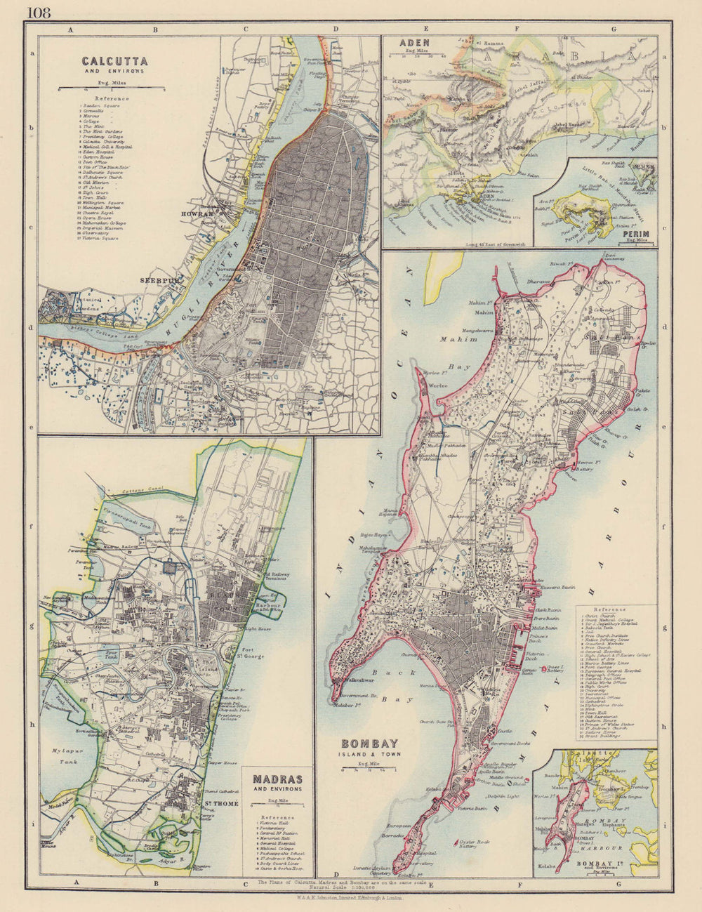 BRITISH INDIA CITIES. Calcutta(Kolkata)Madras(Chennai)Bombay(Mumbai) 1901 map