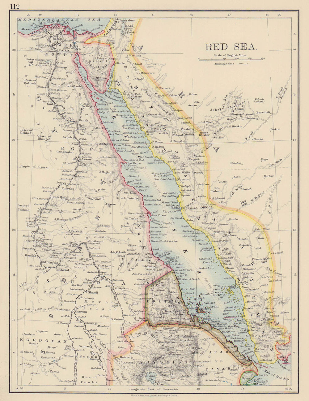 RED SEA. Egypt Eritrea Hedjaz Asir Yemen. Nile valley. Sinai. JOHNSTON 1901 map