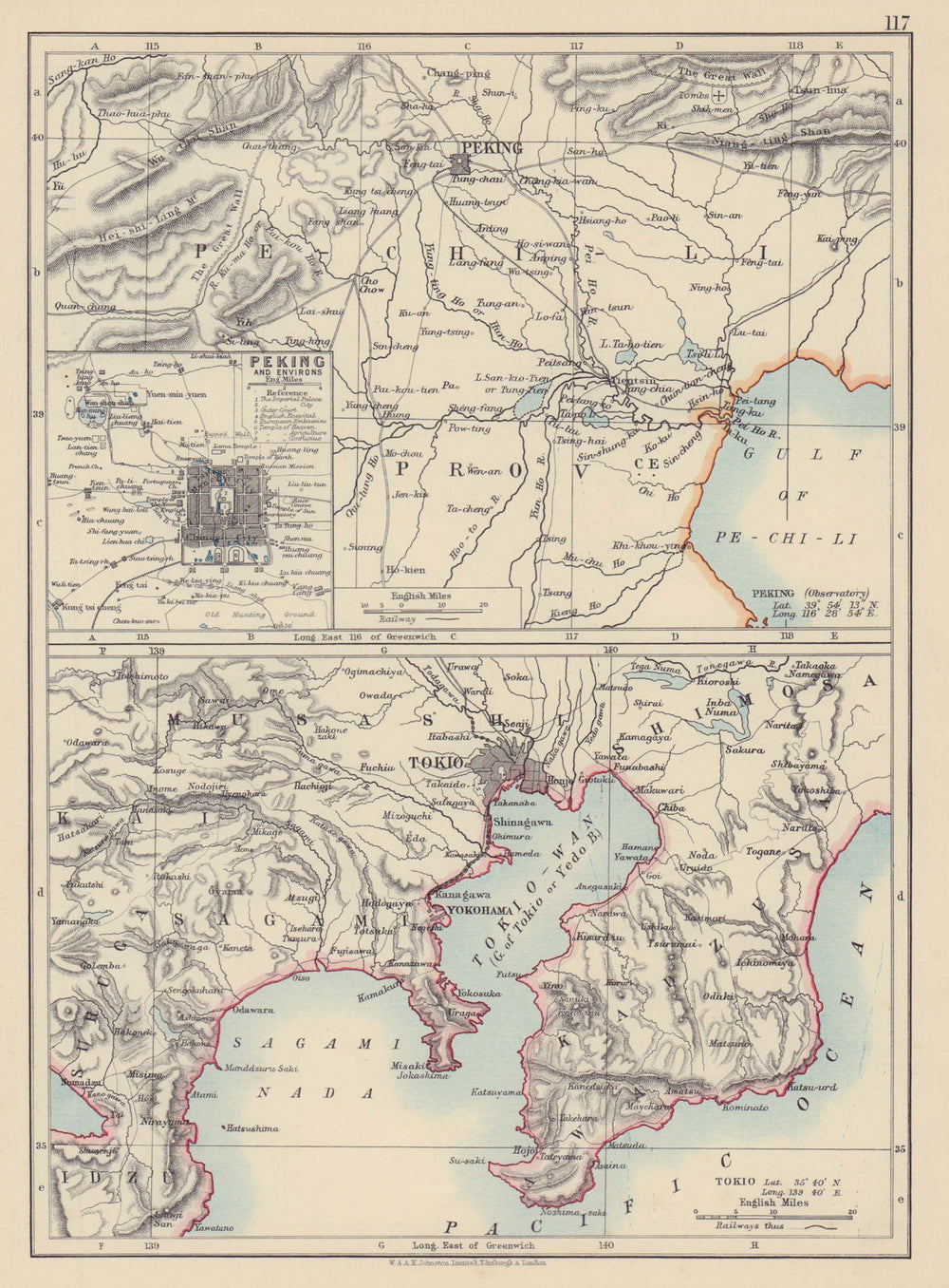 EAST ASIA. Peking Beijing and Tokyo Environs. JOHNSTON 1901 old antique map