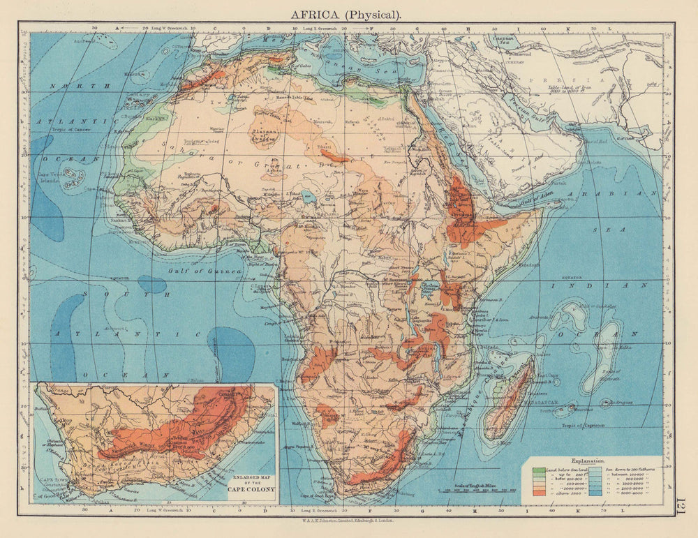 AFRICA PHYSICAL. Relief ocean depths rivers. JOHNSTON 1901 old antique map