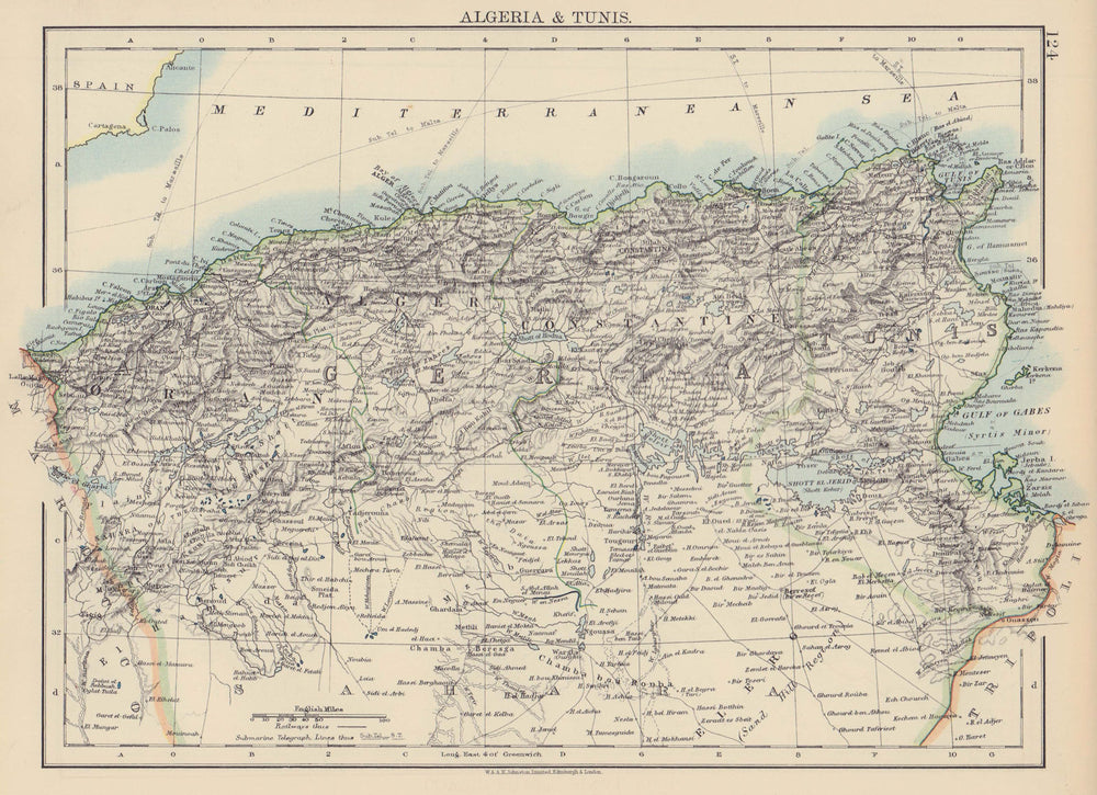 ALGERIA & TUNIS. Maghreb Tunisia. Provinces. Telegraph cables. JOHNSTON 1901 map