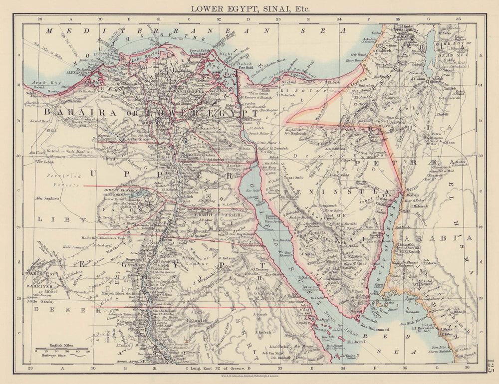 LOWER EGYPT & SINAI. Provinces. Nile valley/delta. Railways. JOHNSTON 1901 map