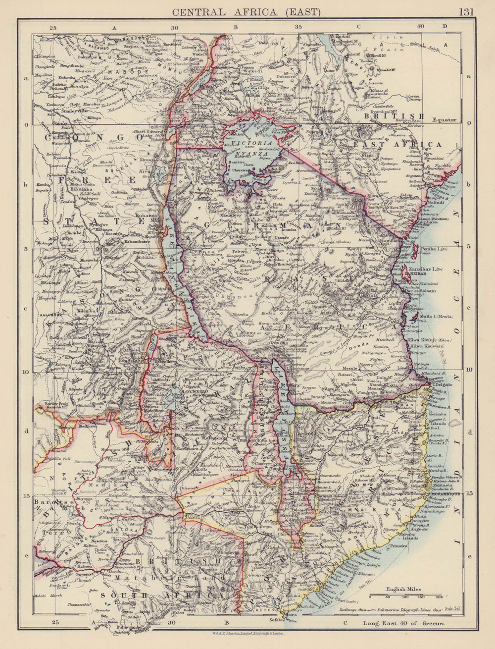 COLONIAL EAST AFRICA. German/British/Portuguese East Africa. Tanzania 1901 map