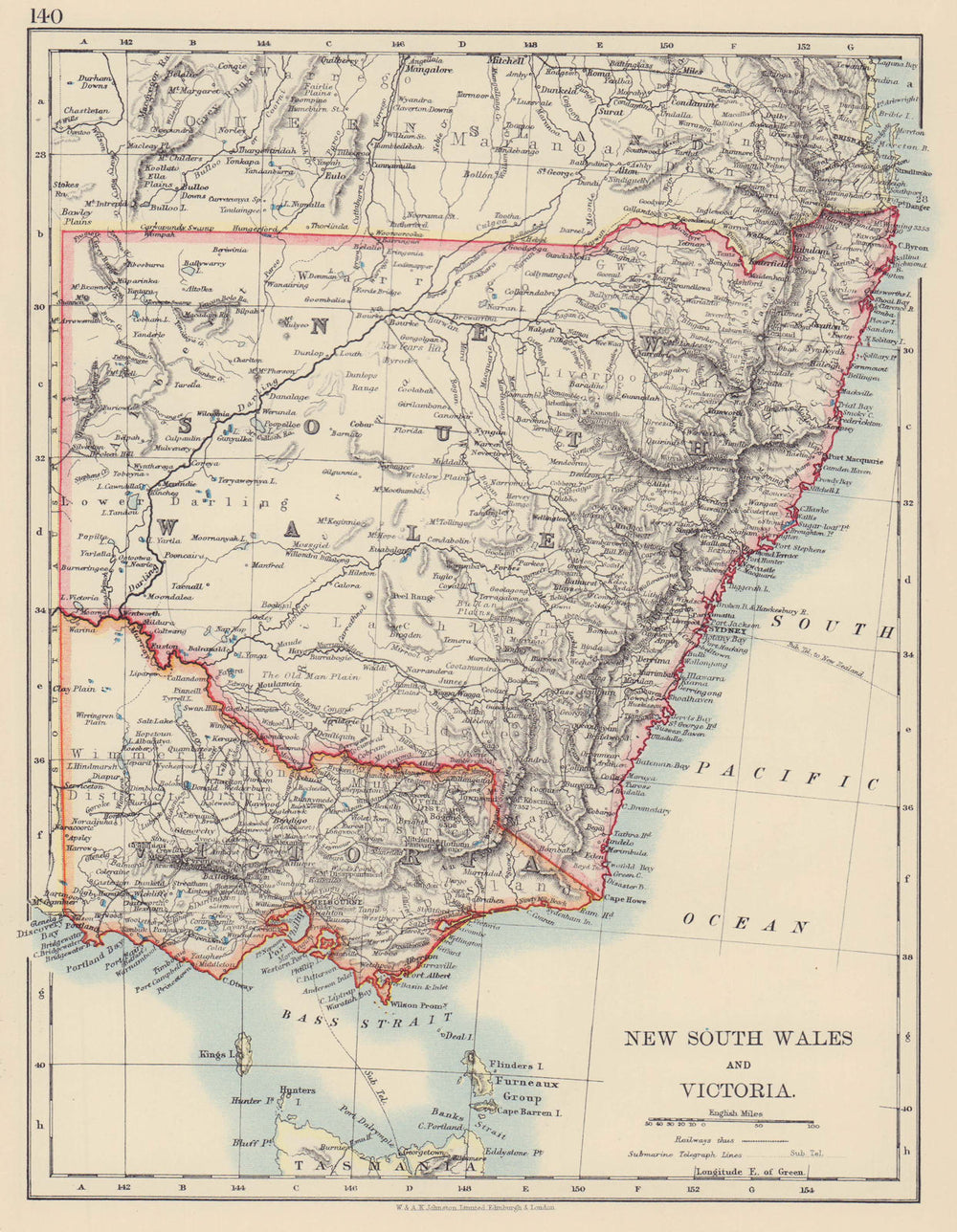 NEW SOUTH WALES & VICTORIA. Shows railways Telegraph cables. Australia 1901 map