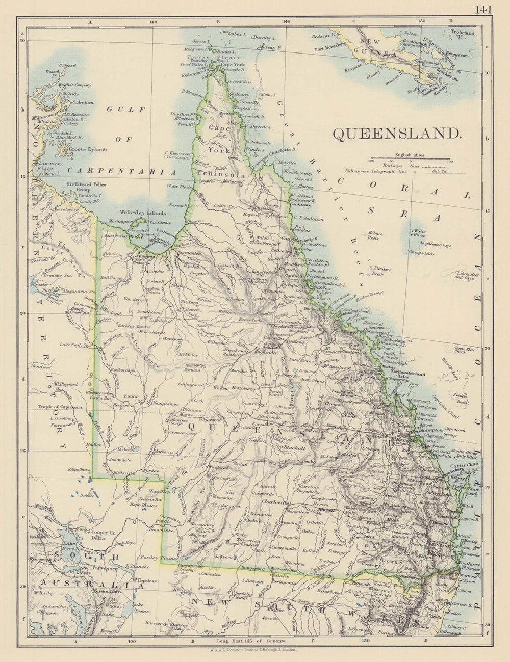 QUEENSLAND. State map Brisbane Gold Coast Railways. Australia. JOHNSTON 1901