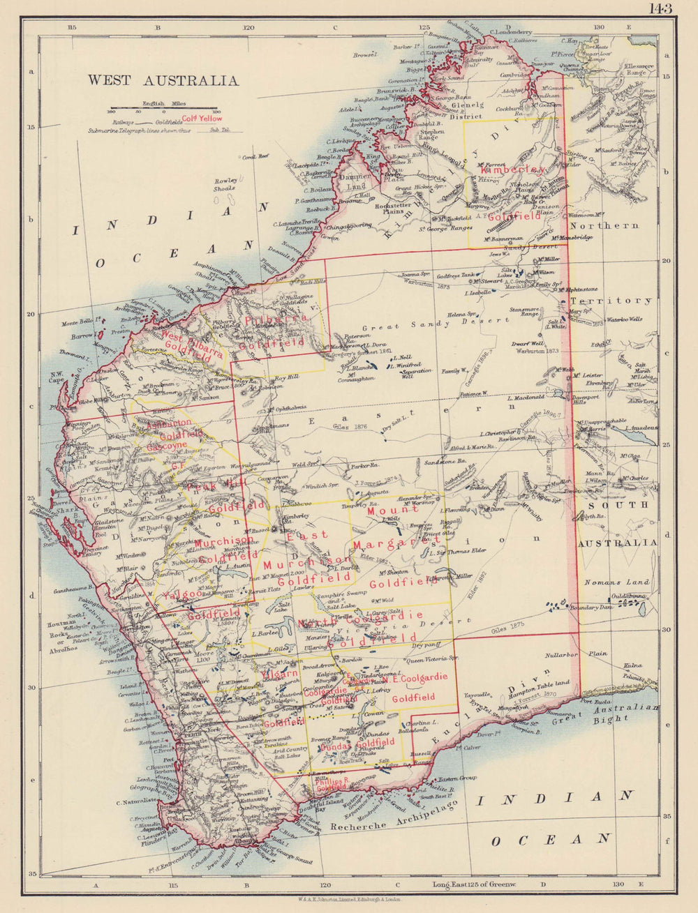 WEST AUSTRALIA. Goldfields Explorers route Giles Forrest Warburton Roe 1901 map