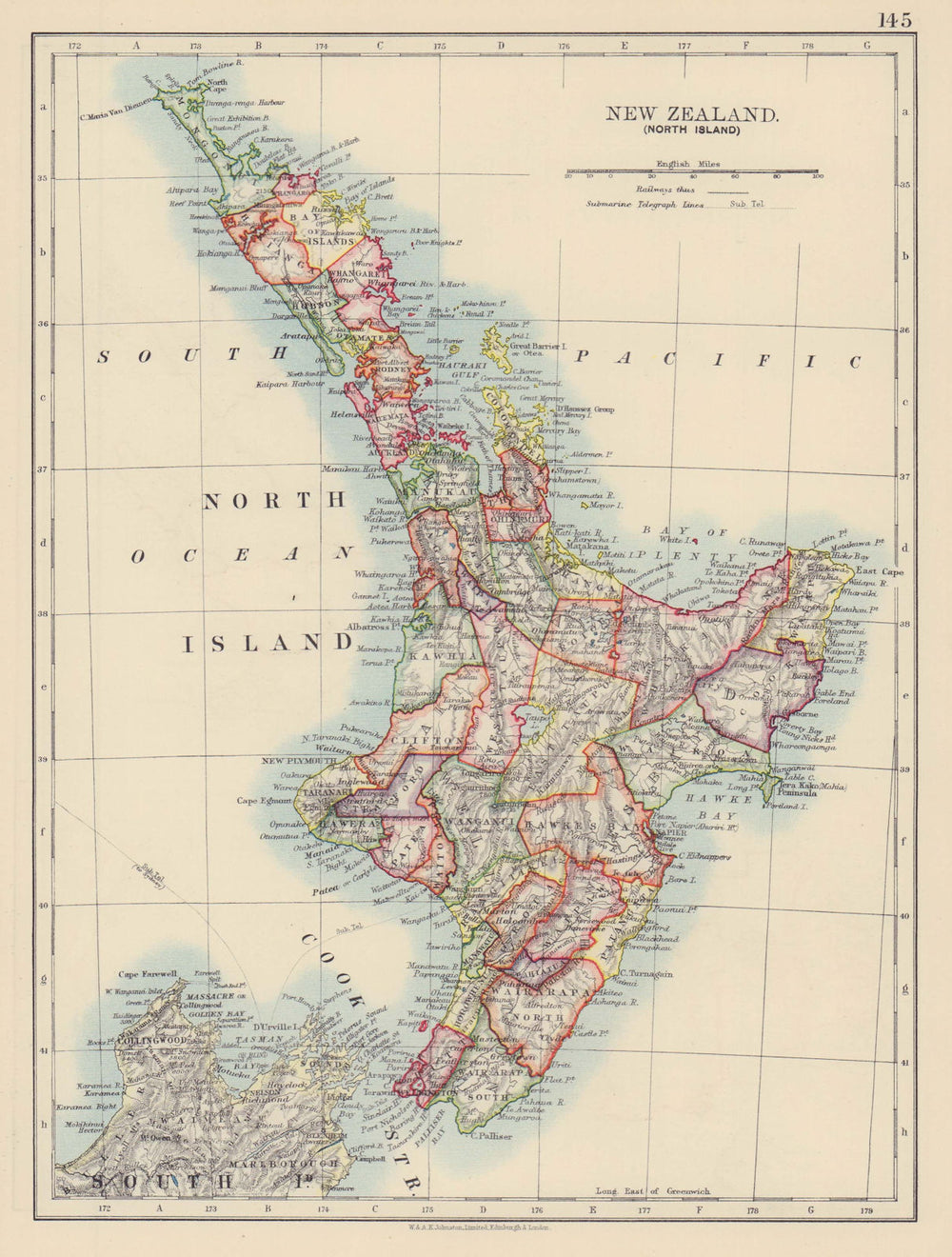 NORTH ISLAND NEW ZEALAND. Showing counties Telegraph cables. JOHNSTON 1901 map