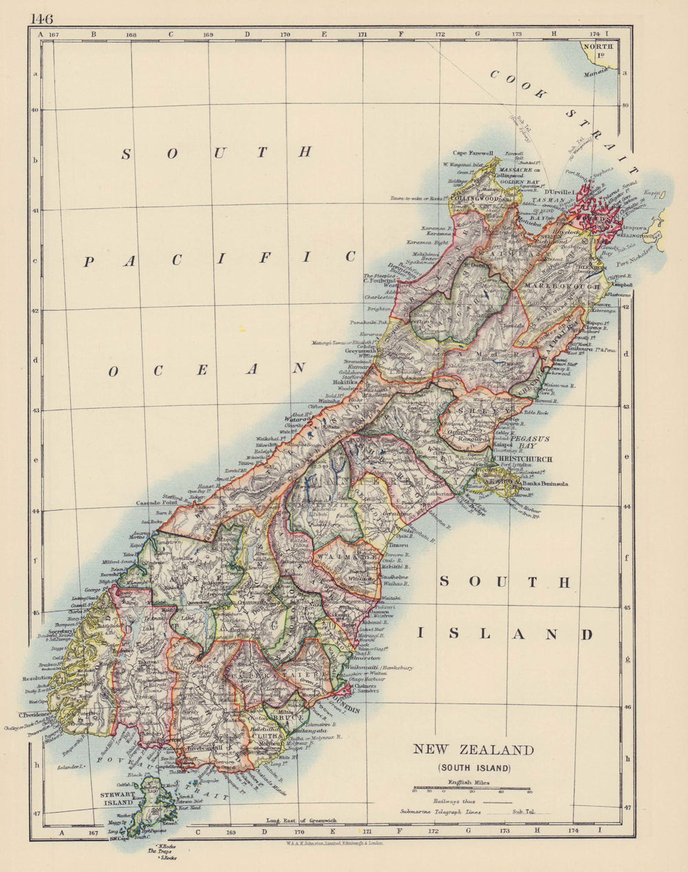 SOUTH ISLAND NEW ZEALAND. Showing counties. Telegraph cables. JOHNSTON 1901 map
